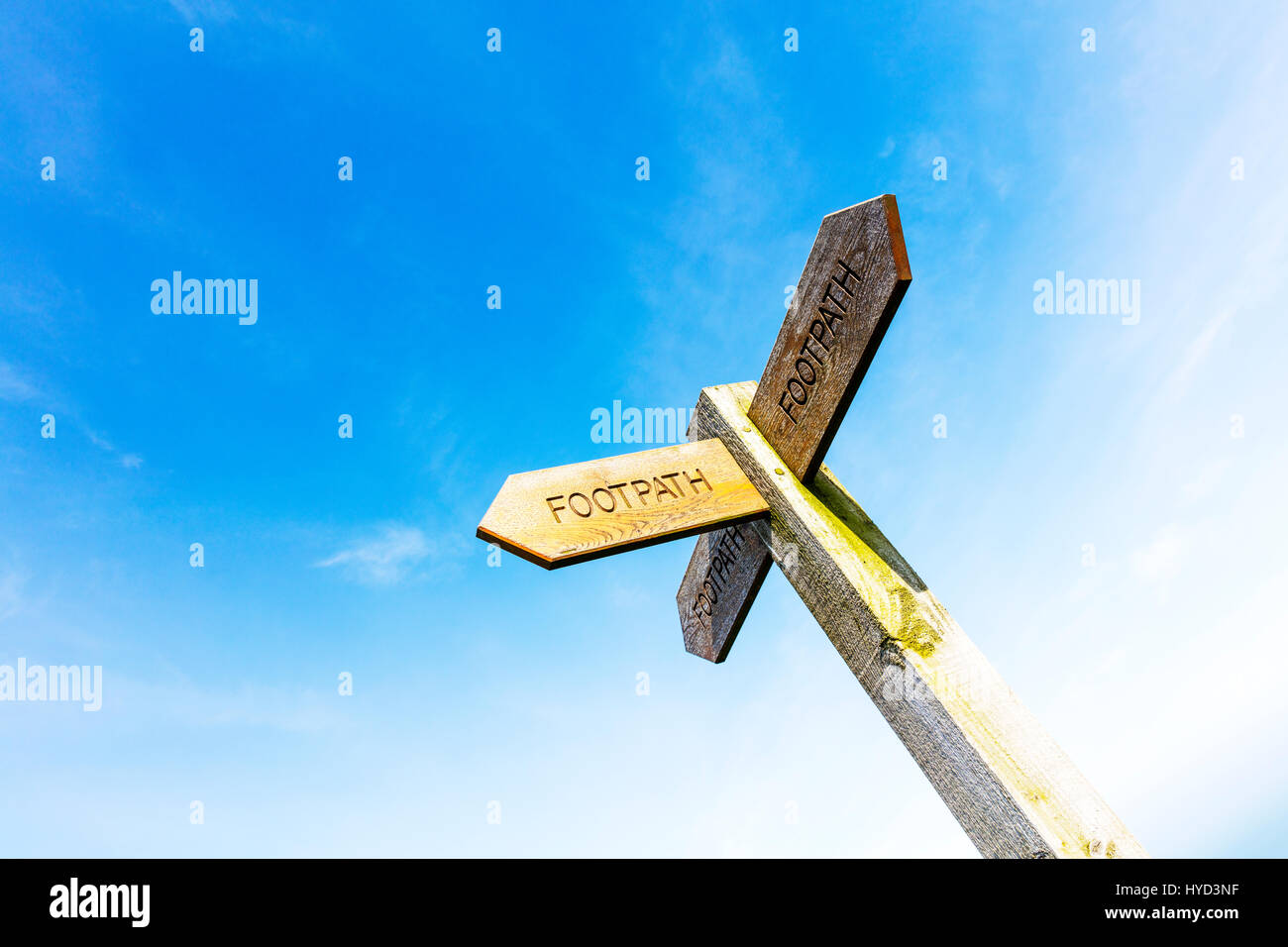 Footpath sign public footpath sign public footpath wooden sign post footpath directions sign copyspace copy space isolated sky background footpath UK Stock Photo