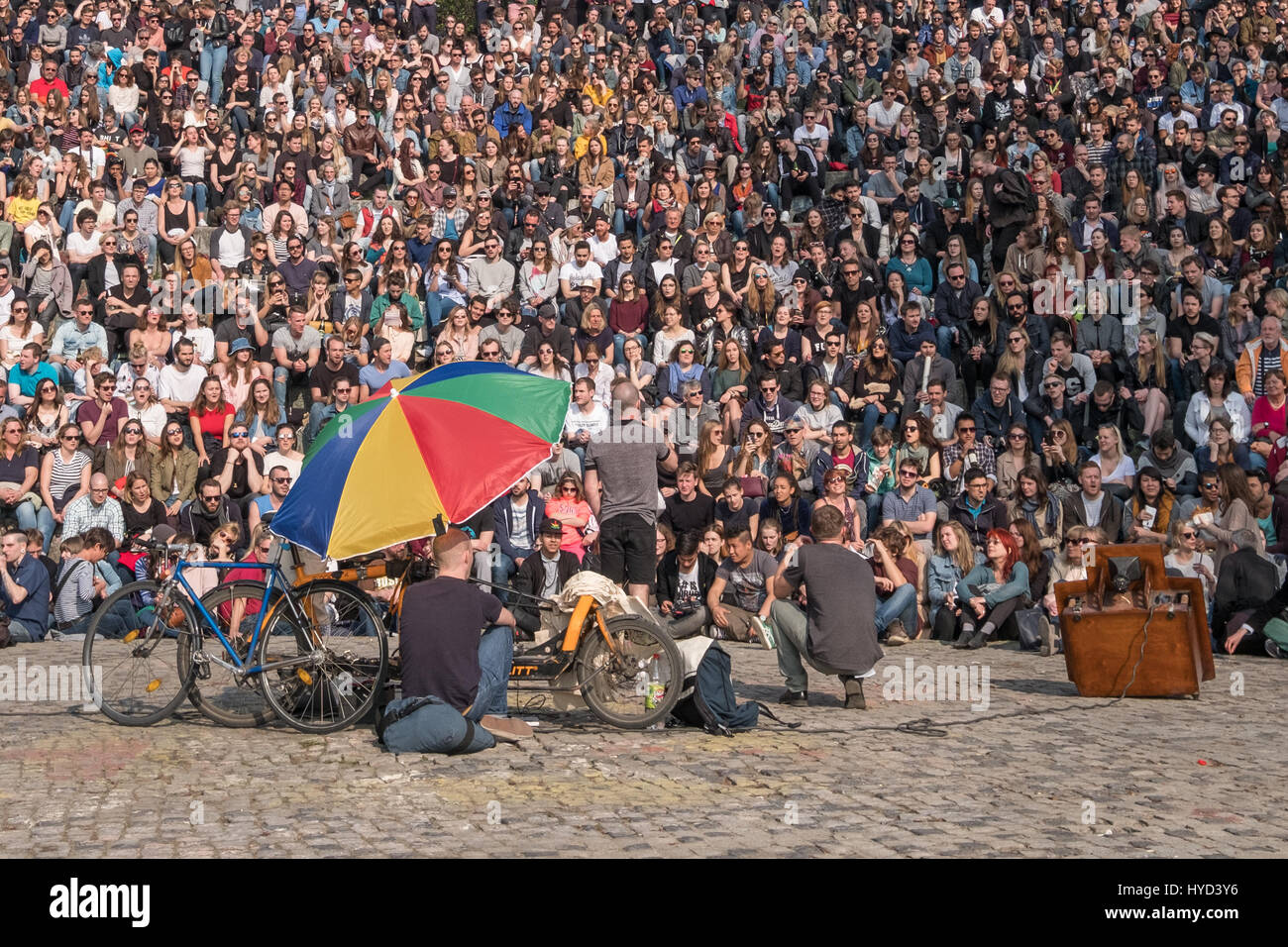 Berlin, Germany - april 02, 2017: People at Mauerpark watching the sundays Karaoke show in Berlin, Germany. Stock Photo