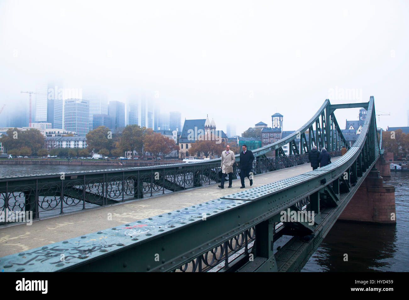 , Germany, Hesse, Frankfurt, view from the bridge Eiserner Steg to the skyscrapers of the financial district, fog. Stock Photo