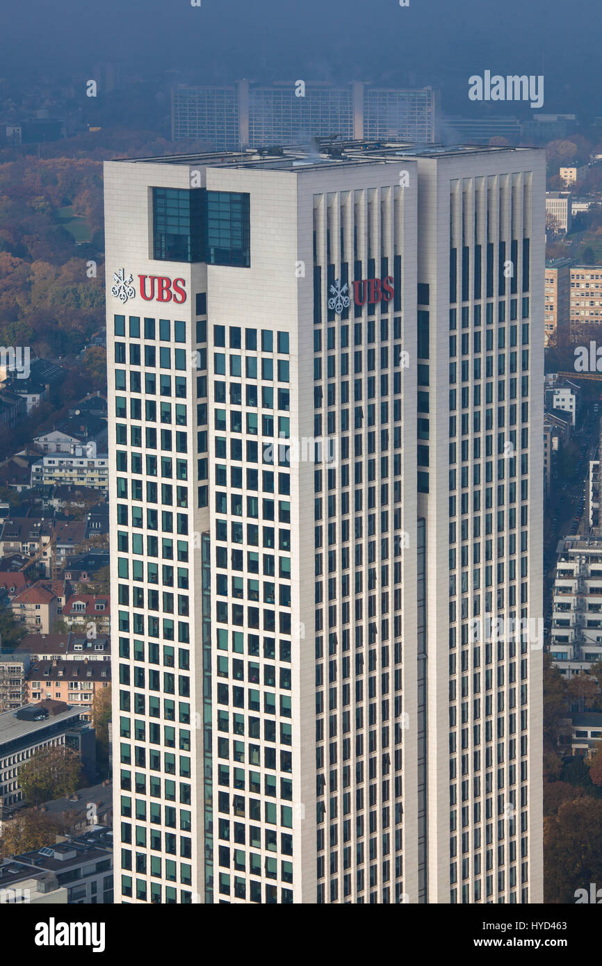 Hesse, Frankfurt, view from the Maintower to the Opernturm, the German headquarters offices of Union Bank of Switzerland AG, UBS bank Stock Photo