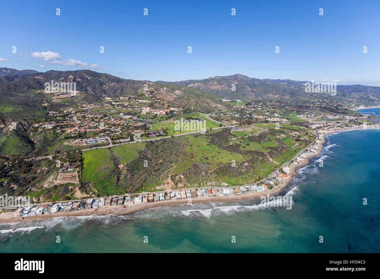 Malibu California pacific ocean shoreline homes, bluffs and beaches. Stock Photo