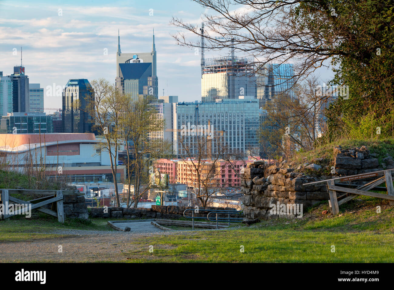 Ruins of Civil War Fort Negley with the skyline of Nashville, Tennessee