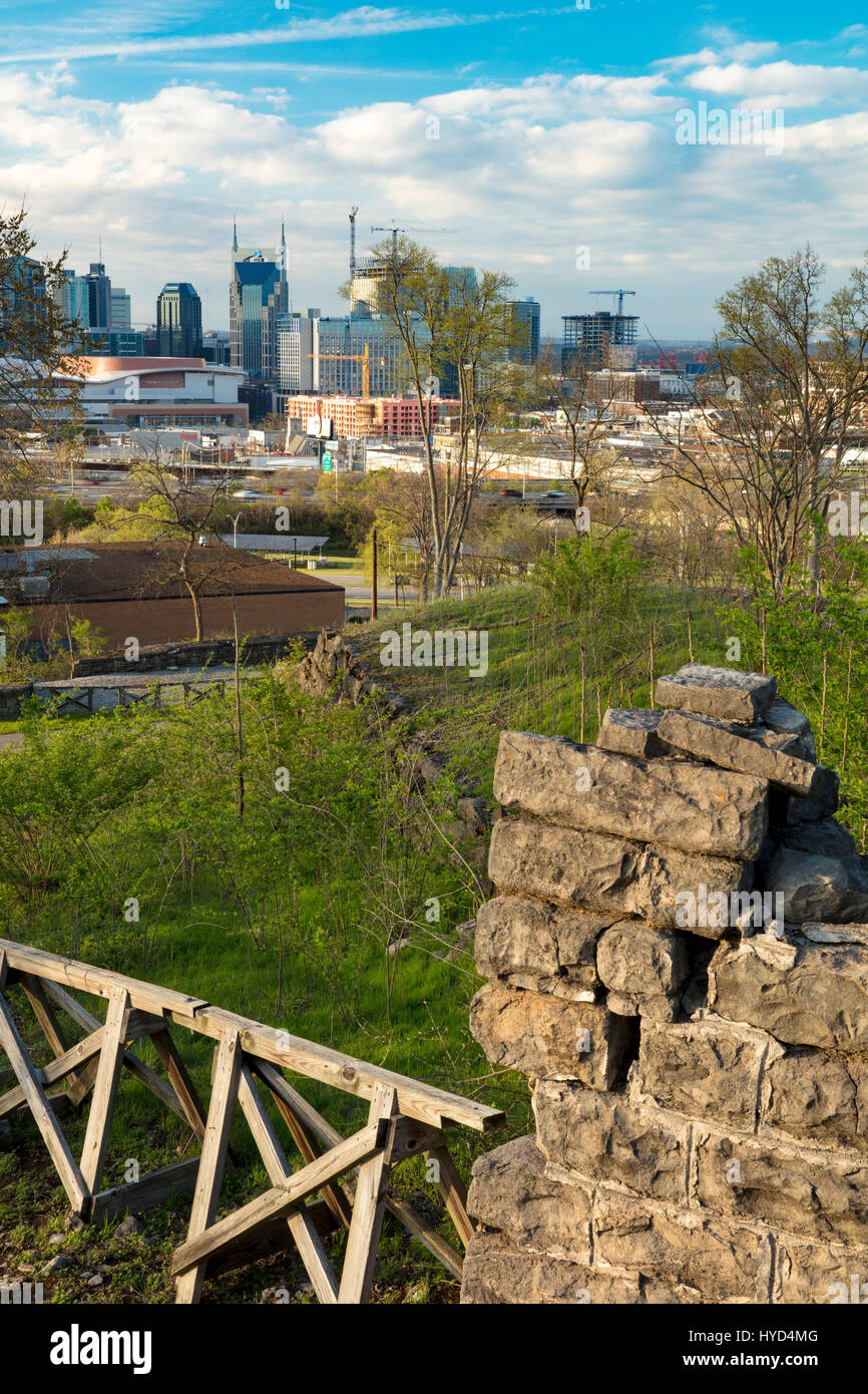 Ruins of Civil War Fort Negley with the skyline of Nashville, Tennessee, USA Stock Photo