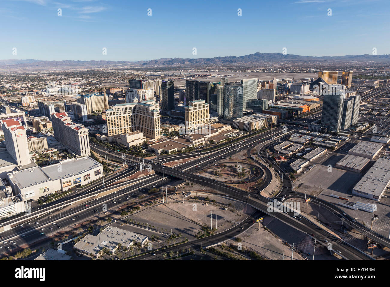 Las Vegas, Nevada, USA - March 13, 2017:  Aerial view of casino resorts near Flamingo Ave and Las Vegas Blvd in Southern Nevada. Stock Photo