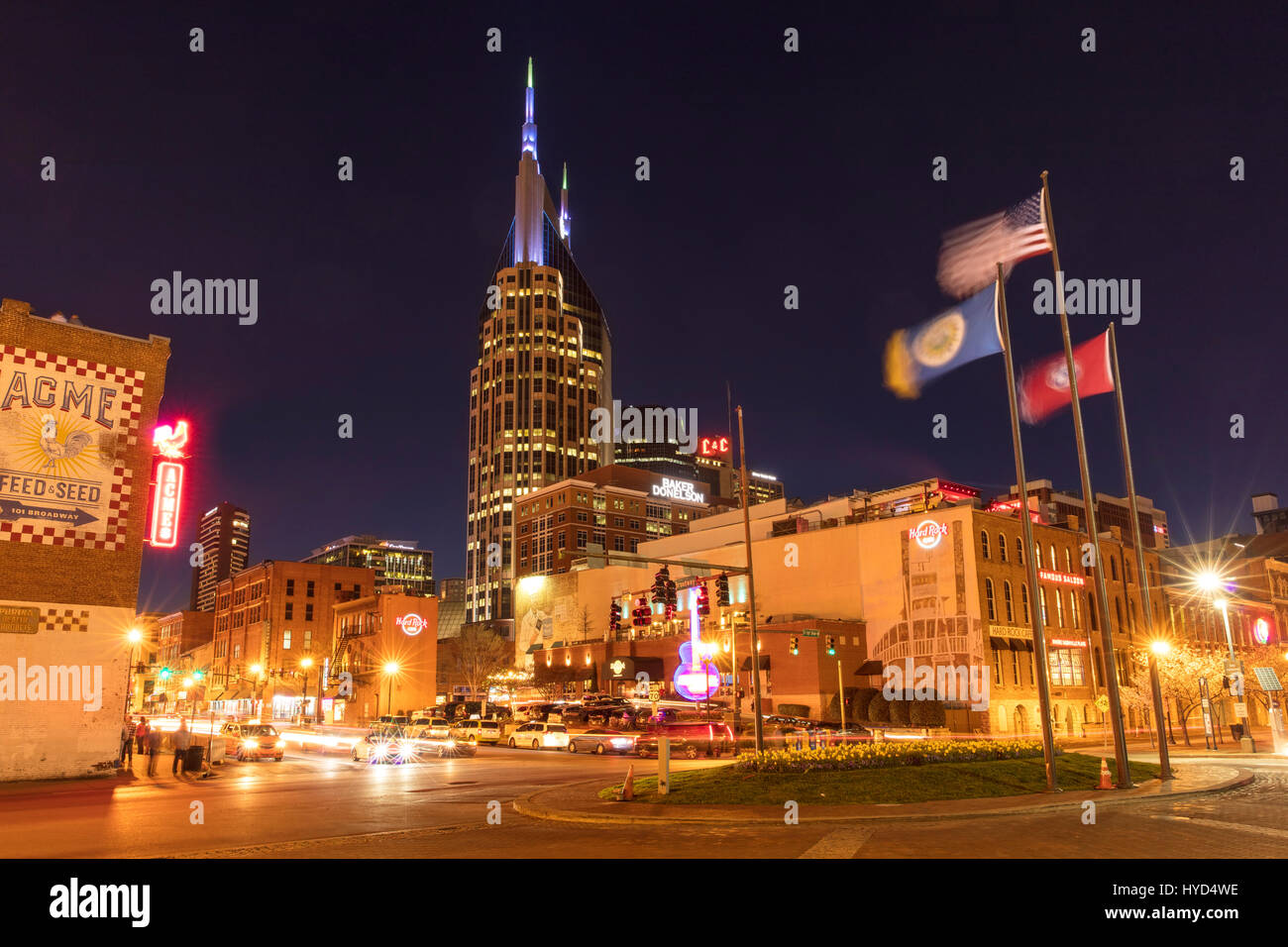 AT&T Building towers over music clubs along lower Broadway in downtown Nashville, Tennessee, USA Stock Photo