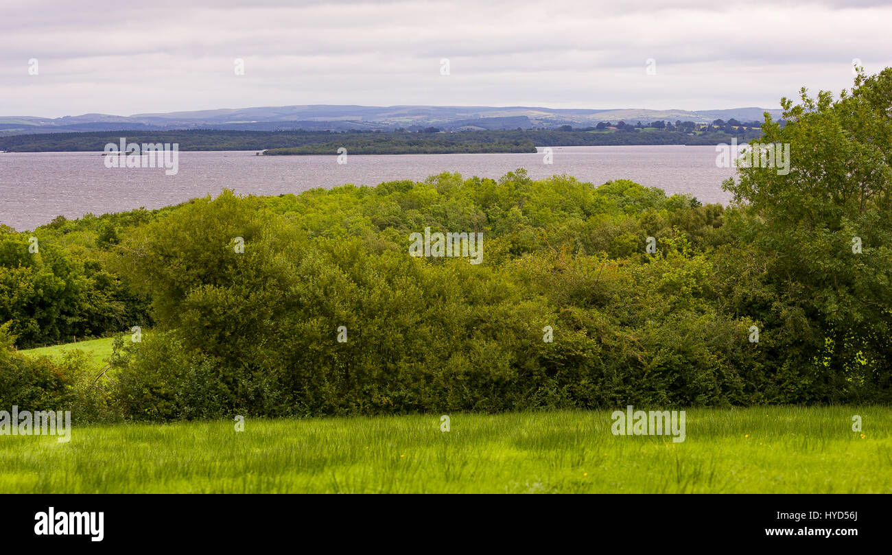 TULLY CASTLE, NORTHERN IRELAND - View of fields and Lower Lough Erne, from the ruins of Tully Castle, near Enniskillen. Stock Photo