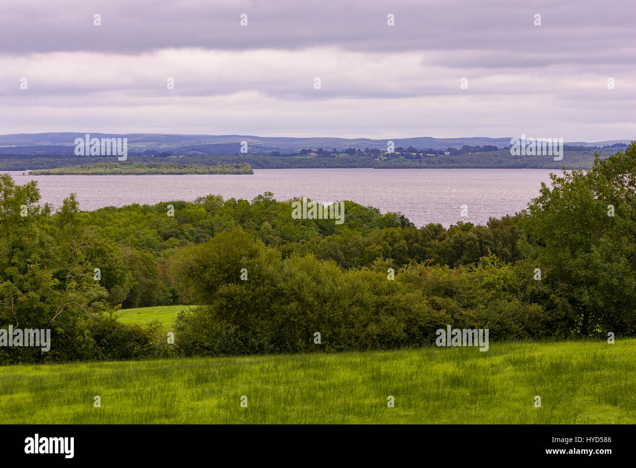 TULLY CASTLE, NORTHERN IRELAND - View of fields and Lower Lough Erne, from the ruins of Tully Castle, near Enniskillen. Stock Photo