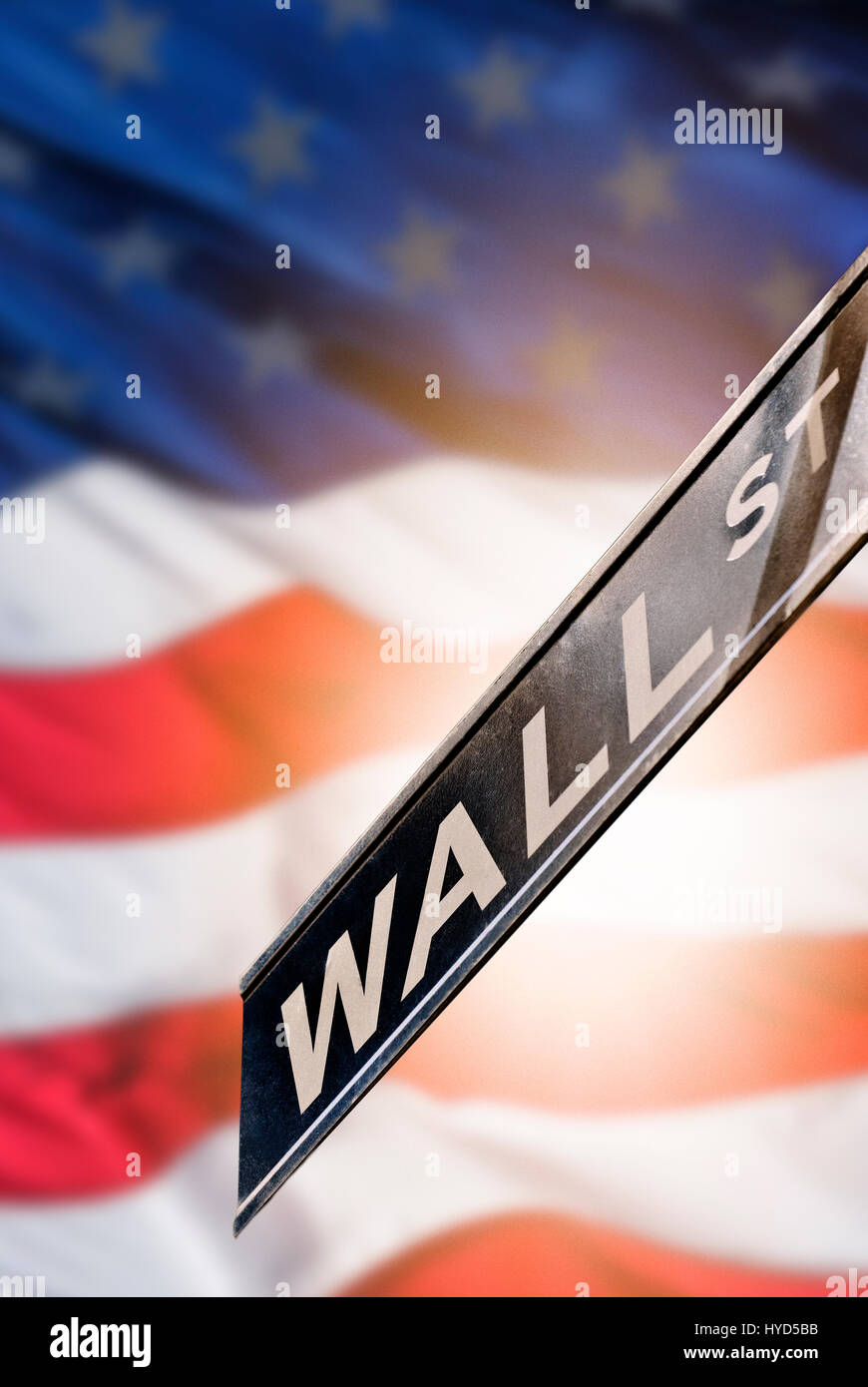 USA, New York State, New York City, Wall street sign with American Flag Stock Photo