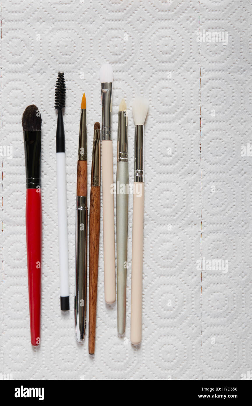 Various make up brushes lined on paper towel Stock Photo