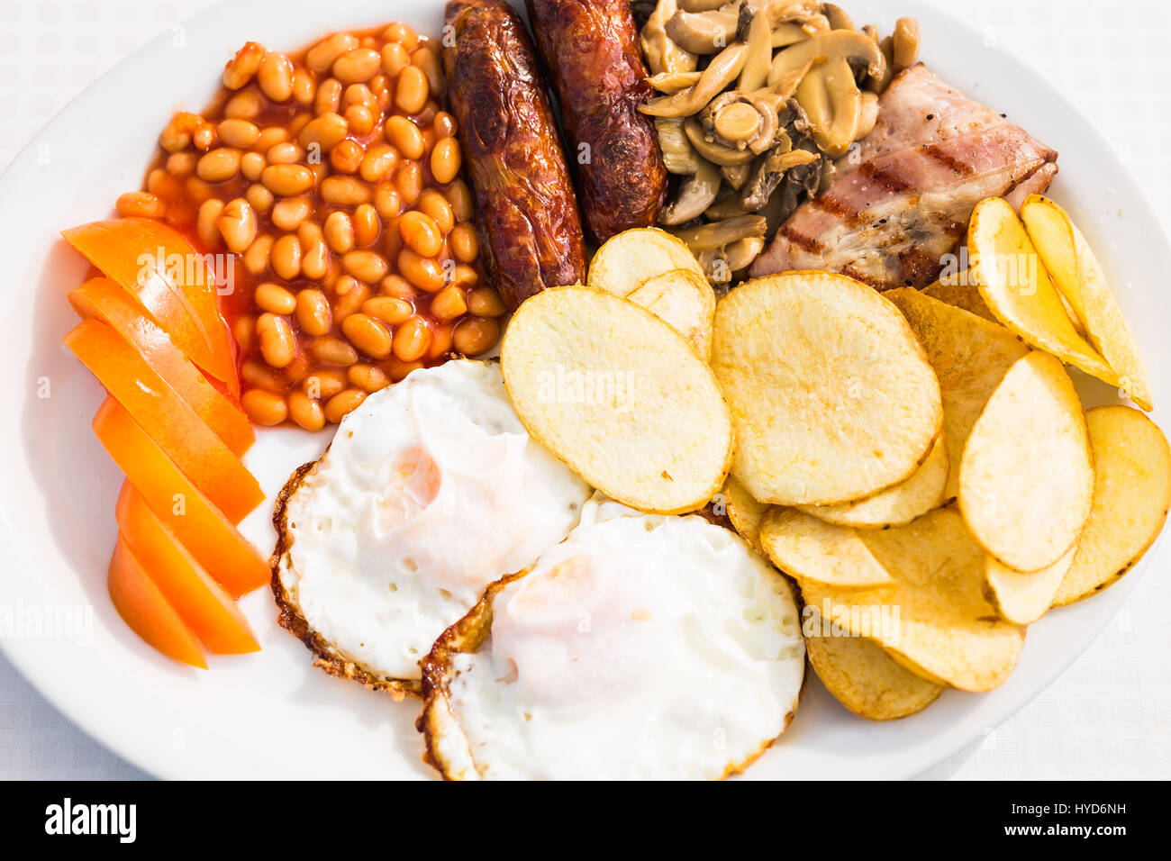 Full English Breakfast including sausages, tomatoes and mushrooms, egg