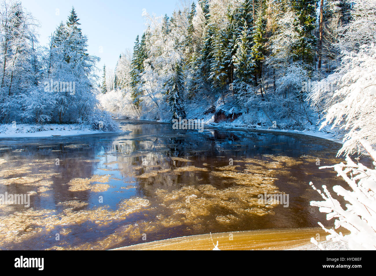 snowy winter river landscape with snow covered trees and blue sky Stock ...