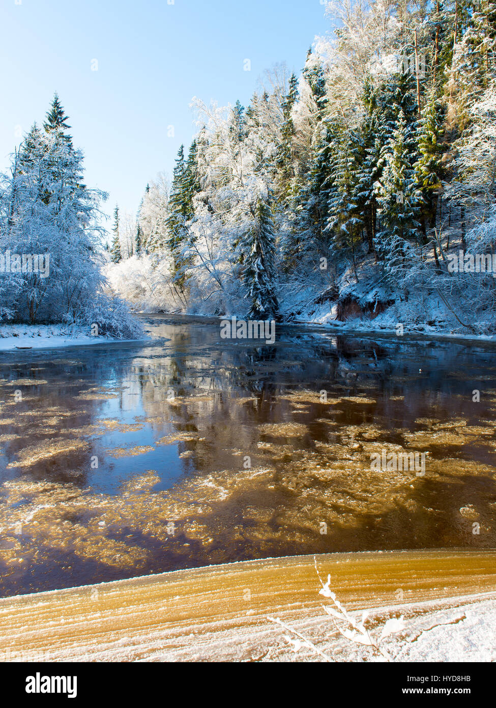 snowy winter river landscape with snow covered trees and blue sky Stock ...