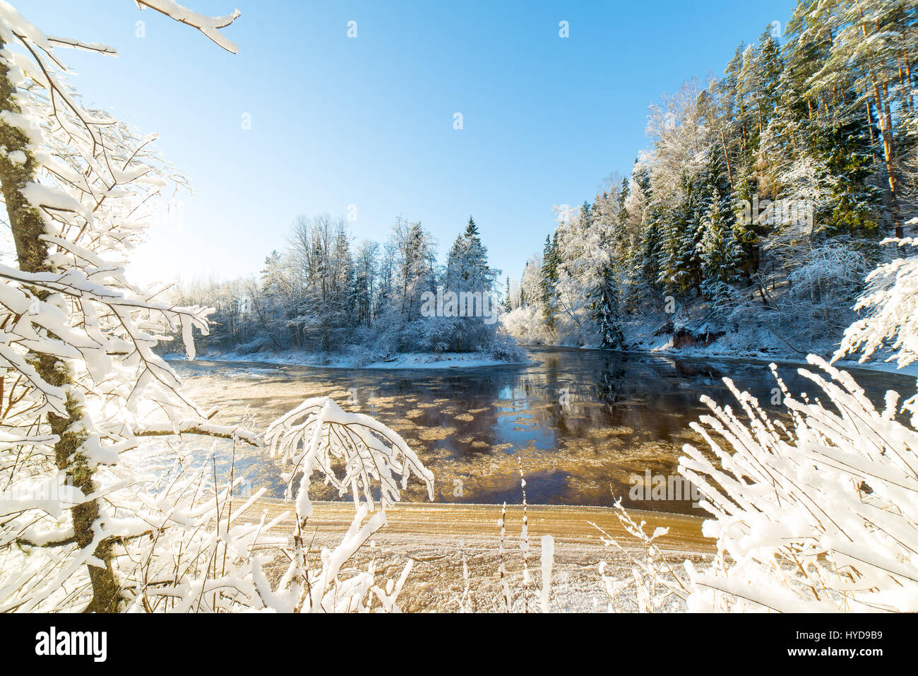 snowy winter river landscape with snow covered trees and blue sky Stock ...
