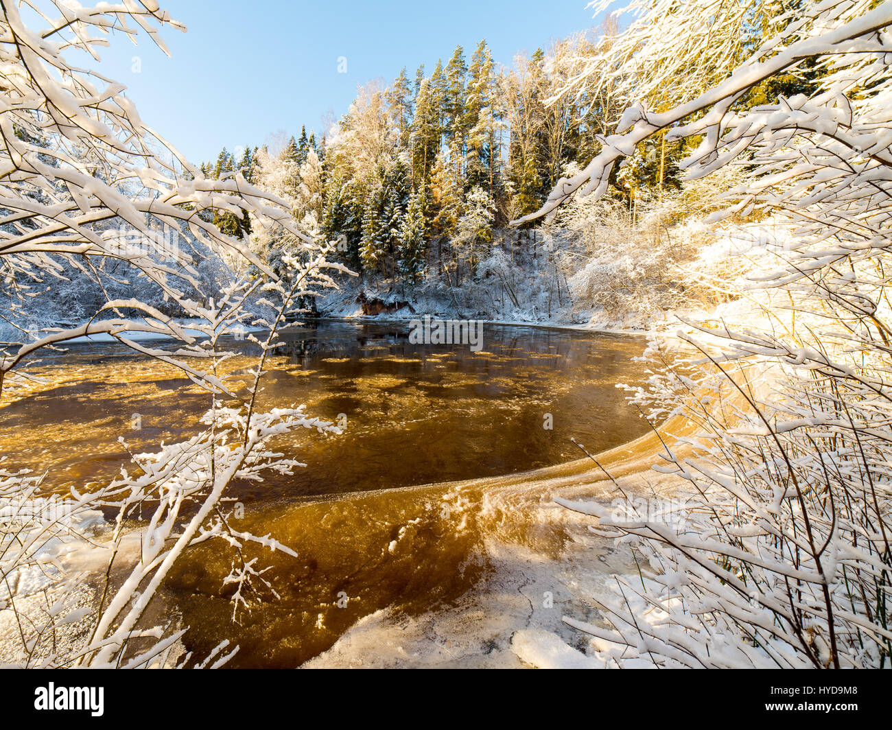 snowy winter river landscape with snow covered trees and blue sky Stock ...