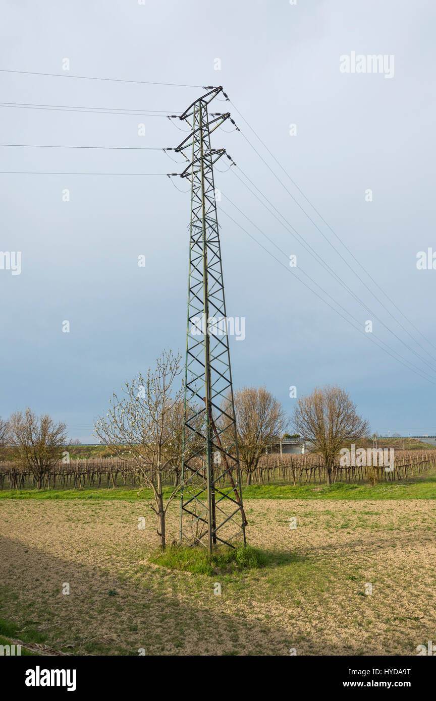 Pylon and transmission power line in a countryside landscape Stock ...
