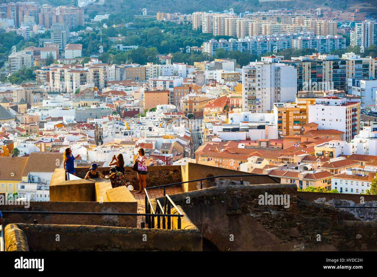 Malaga, Spain , September 08, 2015. Walls of courtyard of Castillo de Gibralfaro and view of residential area of Malaga, Costa del Sol, Andalusia, Spa Stock Photo