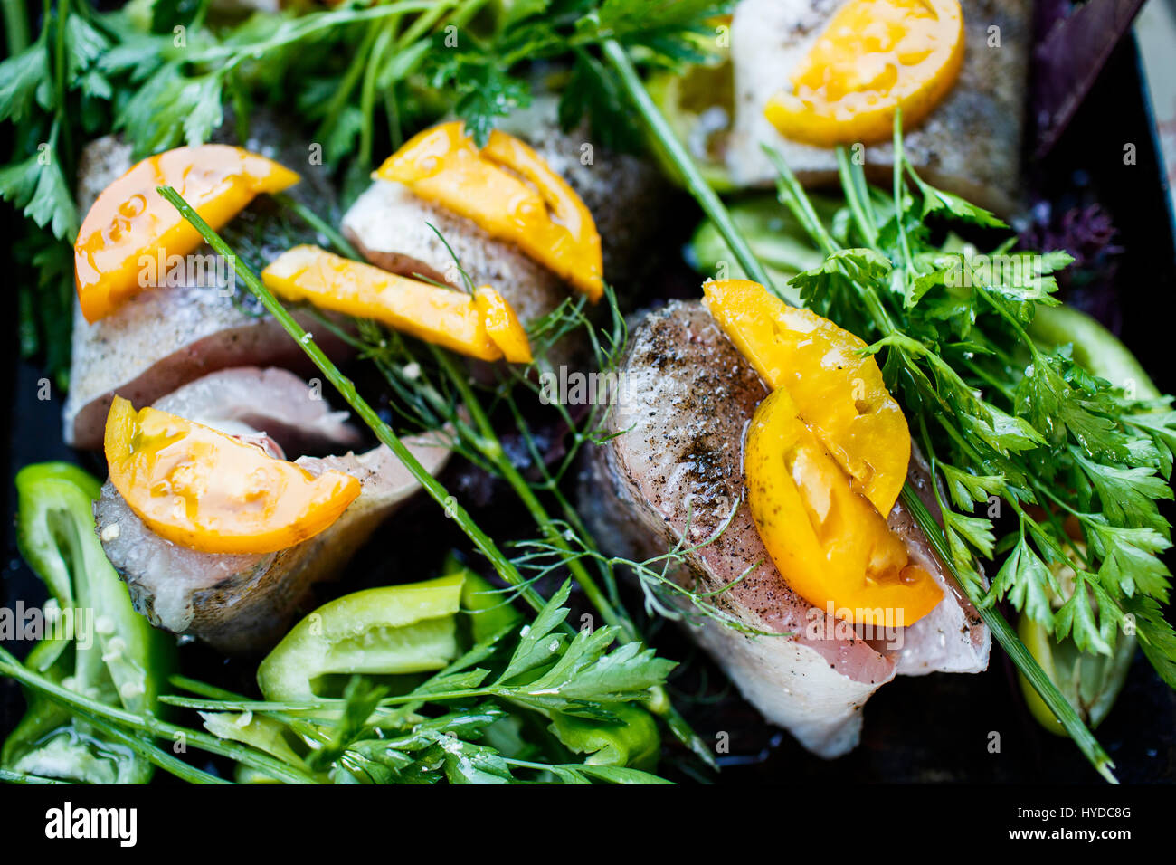 Zander fish and other ingredients on the table Stock Photo Alamy