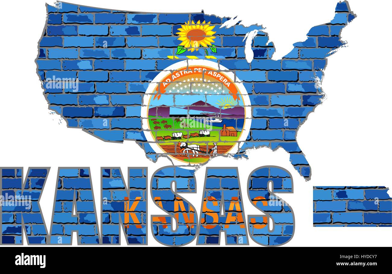 Kansas on a brick wall Illustration, Font with the Kansas flag
