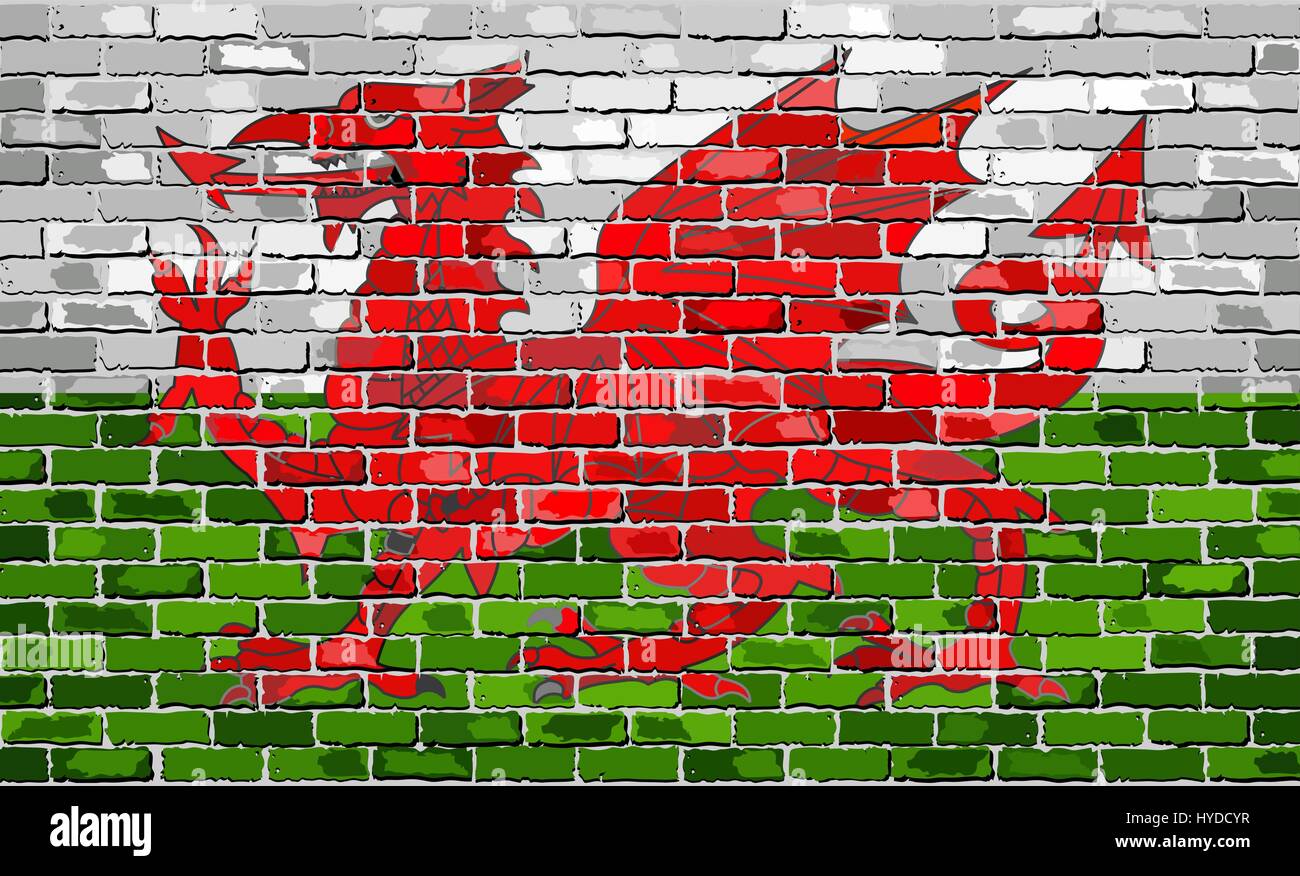 Flag of Wales on a brick wall - Illustration, Grunge flag of Wales - Y Ddraig Goch (The Red Dragon), The Welsh Dragon in brick style Stock Vector