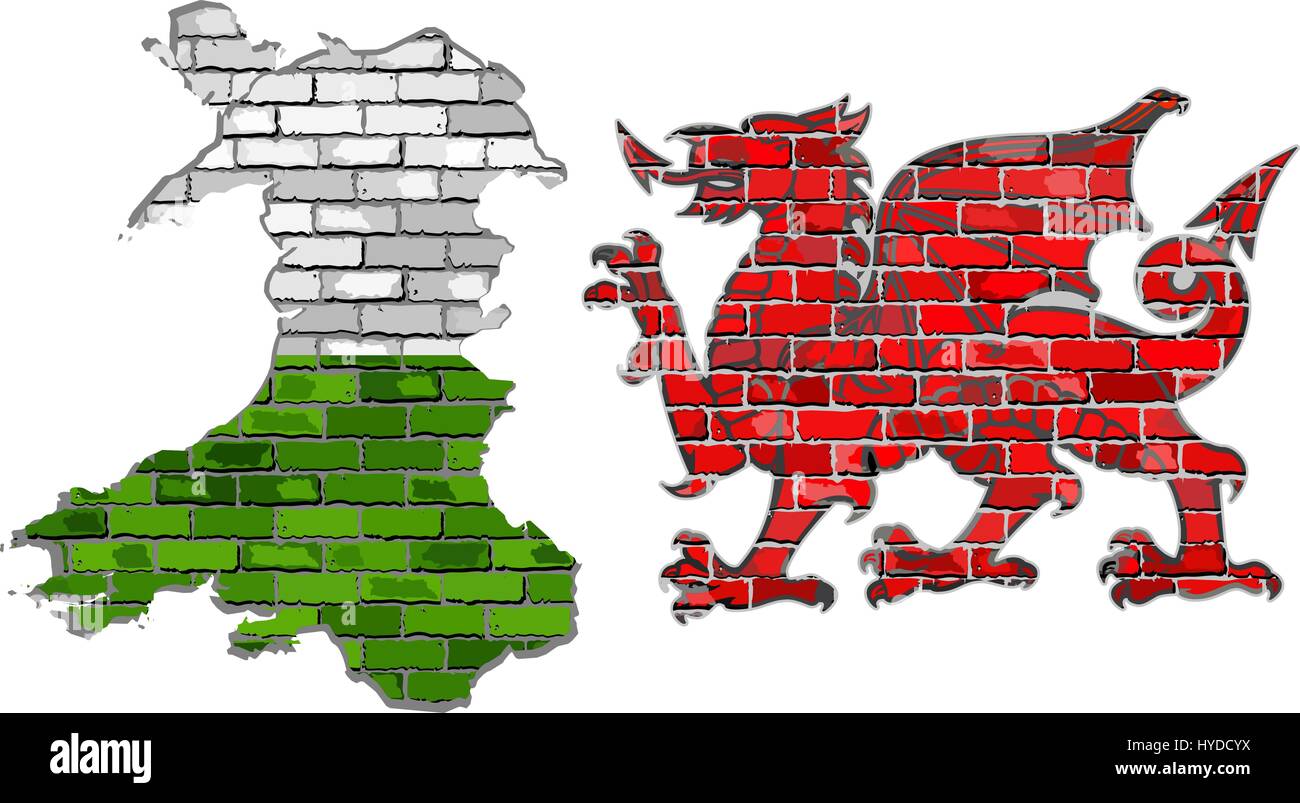 Wales map on a brick wall - Illustration, Wales map and The Red Dragon in brick style,  Grunge map and Welsh flag on a brick wall Stock Vector