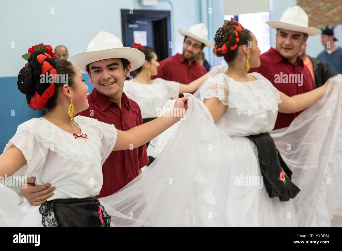 Detroit, Michigan - The Ballet Folklorico Los Renacidos performs at St. Gabriel's Catholic Church during a solidarity rally of Mexican-American and Ar Stock Photo
