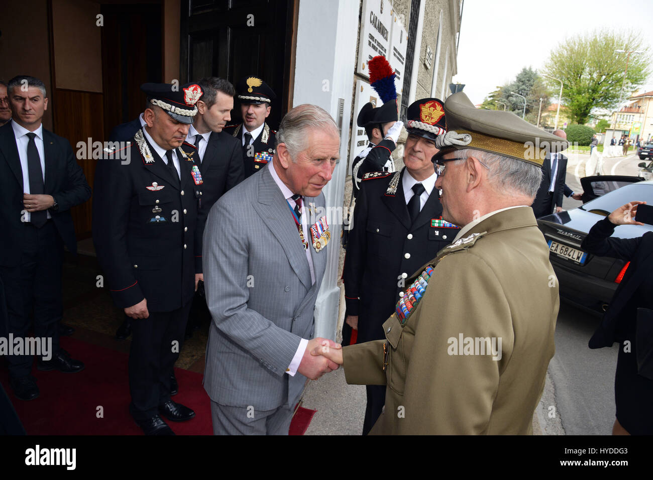 Charles, Prince of Wales meets Gen. Claudio Graziano, Italian Army Chief of Staff, right, during a visit to the Center of Excellence for Stability Police Units April 1, 2017 in Vicenza, Italy. The center is a train the trainer school developed by the Carabinieri for peace-keeping missions around the world. Stock Photo