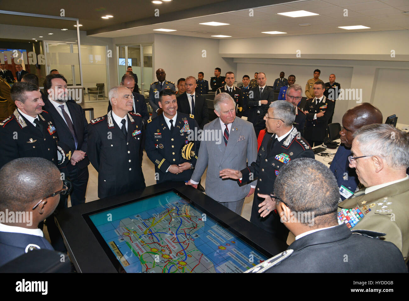 Charles, Prince of Wales is shown a training room during a visit to the Center of Excellence for Stability Police Units April 1, 2017 in Vicenza, Italy. The center is a train the trainer school developed by the Carabinieri for peace-keeping missions around the world. Stock Photo