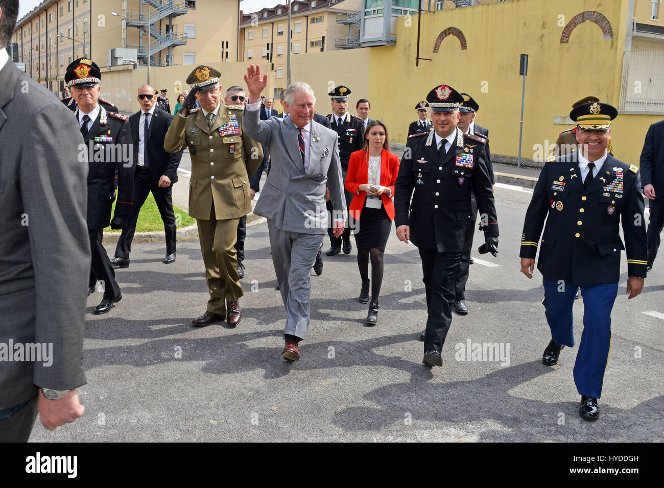 Charles, Prince of Wales waves during a visit to the Center of Excellence for Stability Police Units April 1, 2017 in Vicenza, Italy. The center is a train the trainer school developed by the Carabinieri for peace-keeping missions around the world. Stock Photo