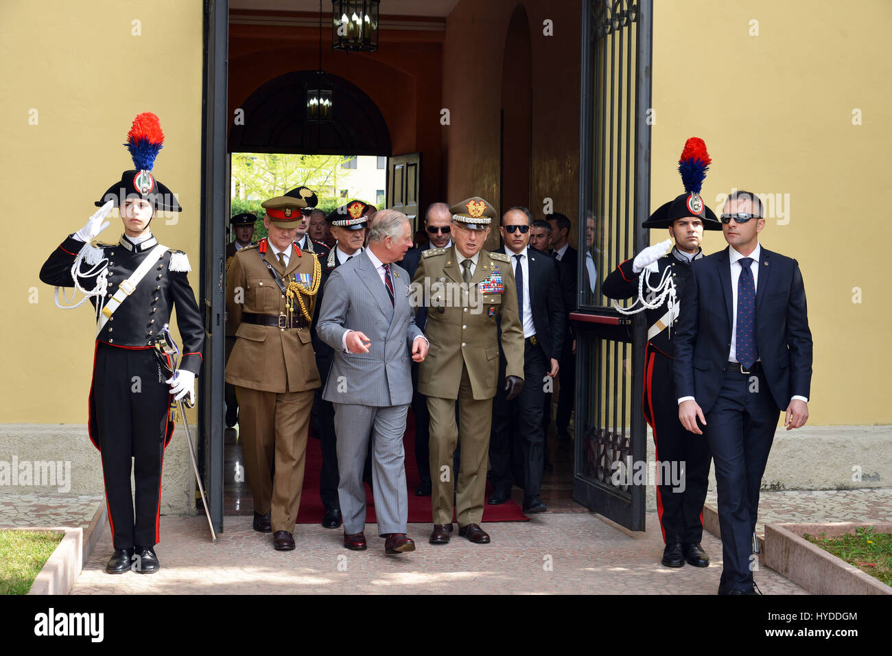 Charles, Prince of Wales walks with Gen. Claudio Graziano, Italian Army Chief of Staff, right, during a visit to the Center of Excellence for Stability Police Units April 1, 2017 in Vicenza, Italy. The center is a train the trainer school developed by the Carabinieri for peace-keeping missions around the world. Stock Photo