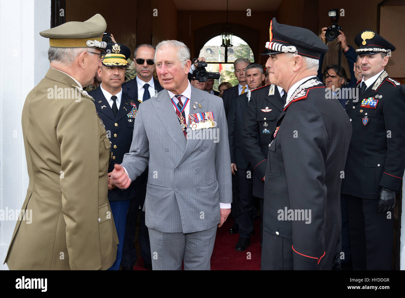 Charles, Prince of Wales meets Gen. Claudio Graziano, Italian Army Chief of Staff, left, during a visit to the Center of Excellence for Stability Police Units April 1, 2017 in Vicenza, Italy. The center is a train the trainer school developed by the Carabinieri for peace-keeping missions around the world. Stock Photo