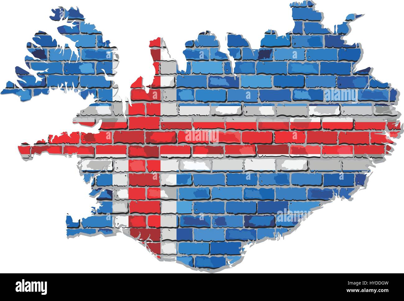 Iceland map on a brick wall - Illustration,  Map of the Iceland with flag inside,  Abstract grunge Icelander flag in brick style Stock Vector