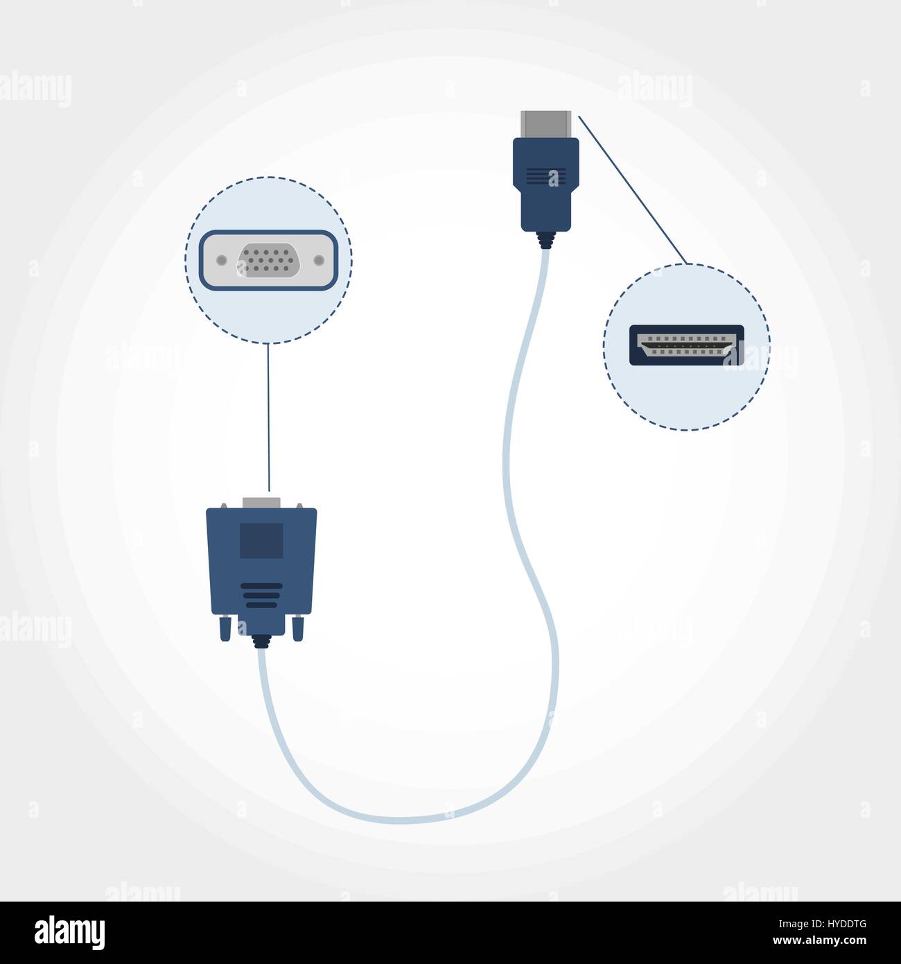 Cable with HDMI and VGA adapter at each end. Front view (detail) and top view. Flat design. Stock Vector