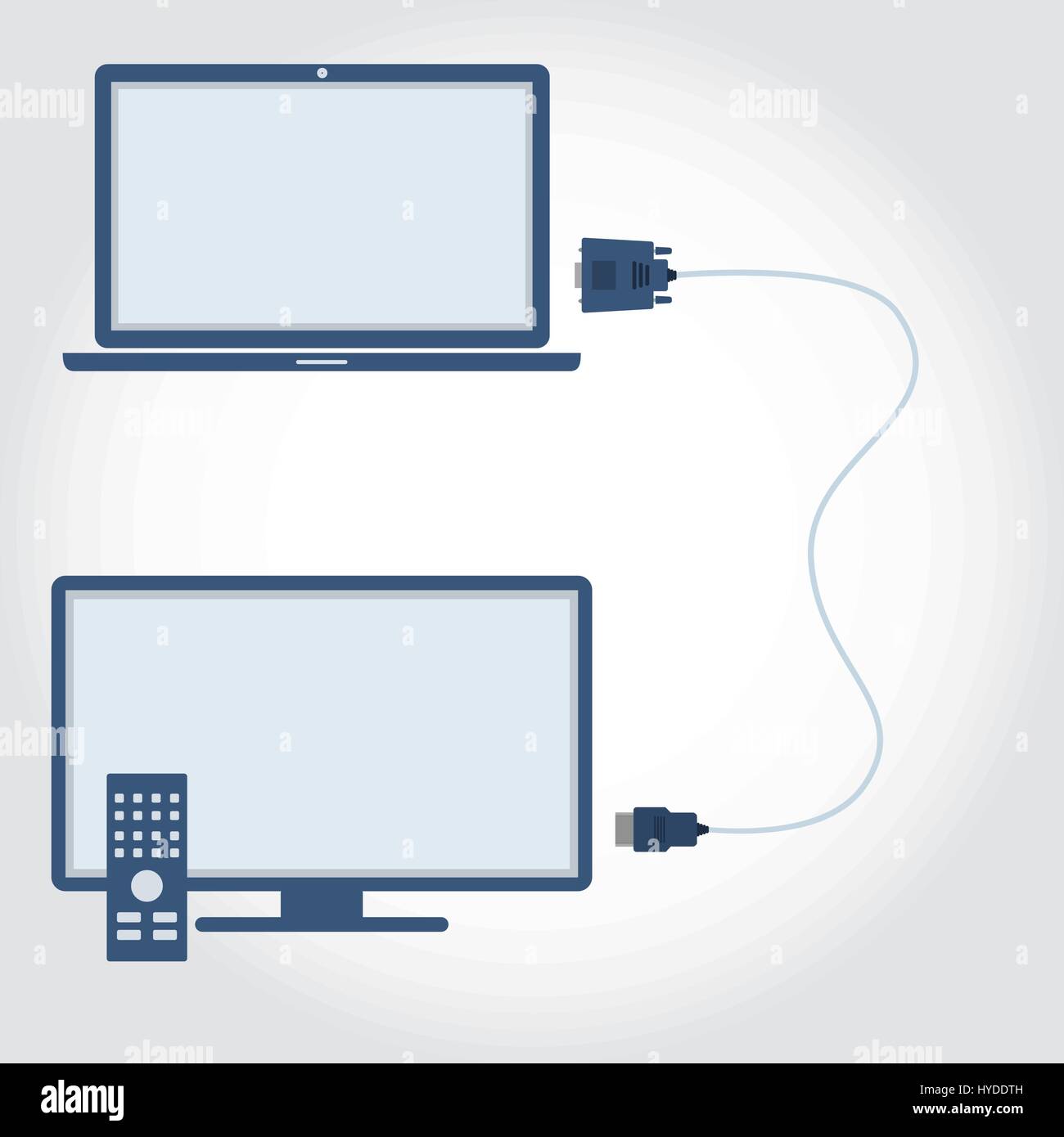 Laptop and television with VGA and HDMI interconnect. Flat design. Stock Vector