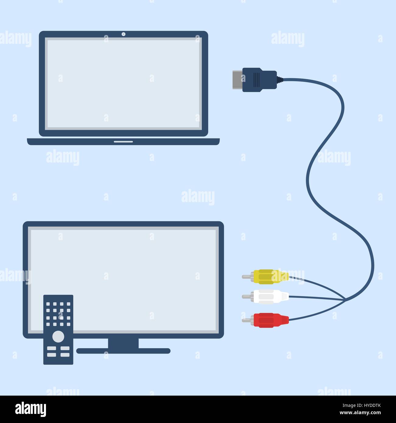 Laptop and television with RCA and HDMI interconnect. Flat design. Stock Vector