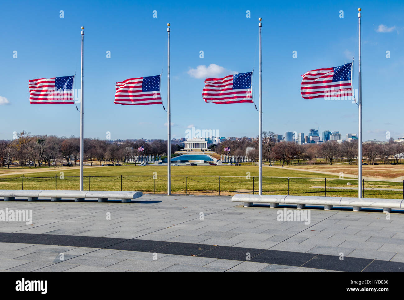 American Flags with Lincoln Memorial on background - Washington, D.C., USA Stock Photo