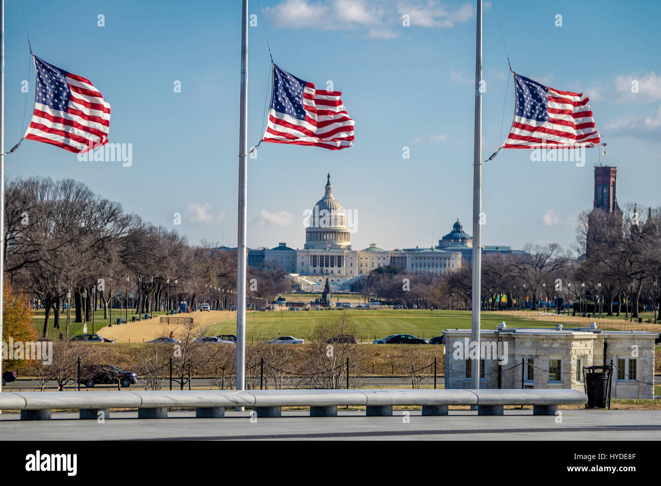 American Flags with US Capitol on background - Washington, D.C., USA Stock Photo