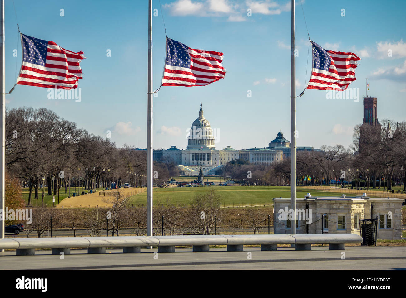 American Flags with US Capitol on background - Washington, D.C., USA Stock Photo