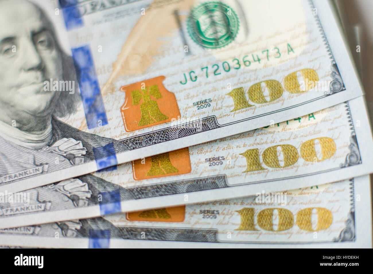 Closeup detail of brand new one hundred dollar bills in US currency ...