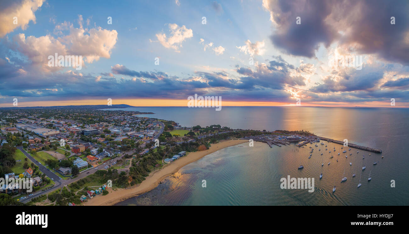 Aerial panorama of beautiful coastline in Australia at sunset ...