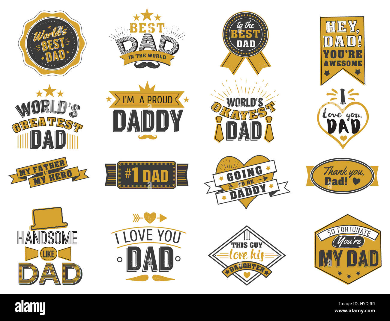 Isolated Happy fathers day quotes on the white background. Dad congratulation gold and black label, badge vector collection. Mustache, hat, stars elem Stock Photo
