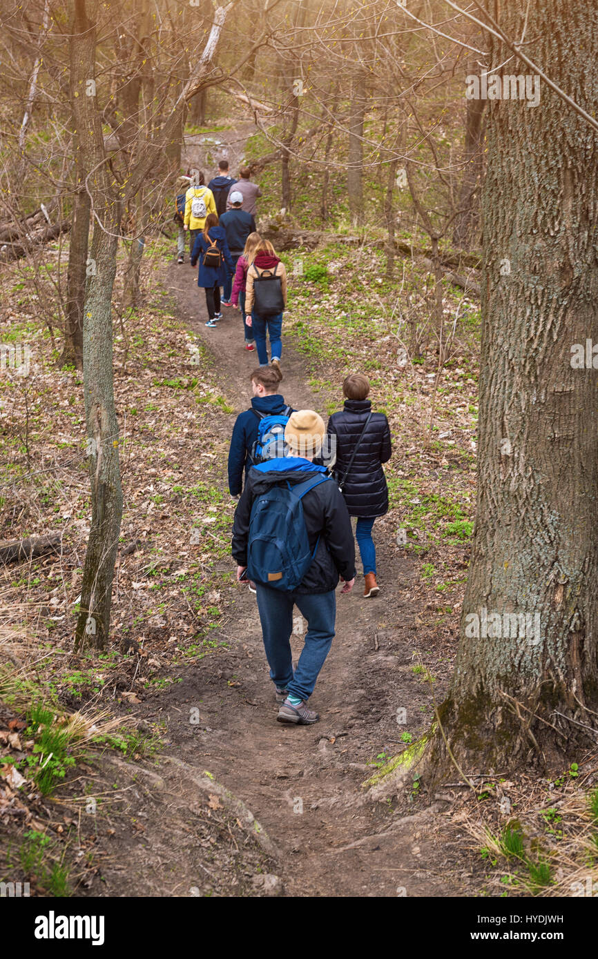 Group of friends walking with backpacks in spring forest from back ...