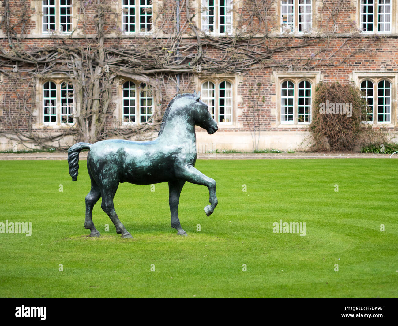Bronze Horse sculpture by Barry Flanagan in the First Court area, Jesus College, Cambridge. Part of the University of Cambridge, UK. Stock Photo