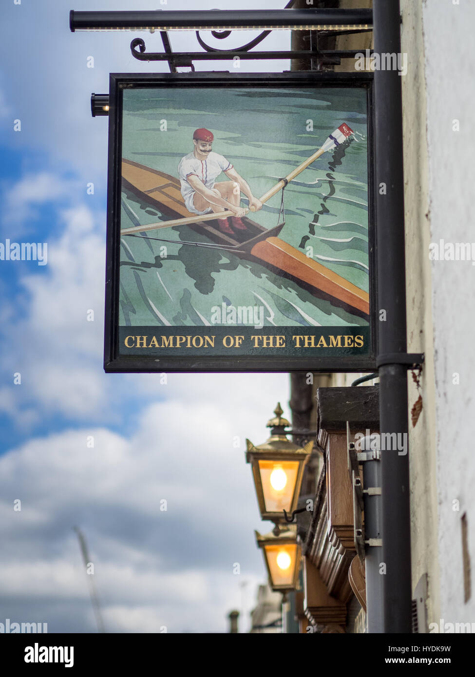 Sign for the Champion of the Thames pub in King Street Cambridge. Named after a c19 Thames race winning sculler who asked to be referred by this name. Stock Photo
