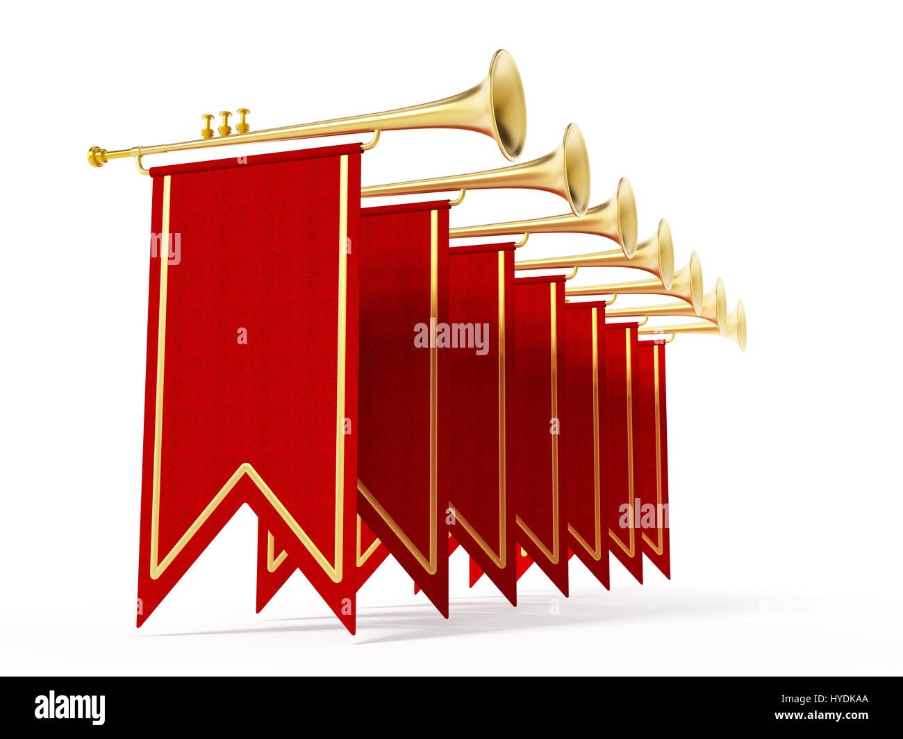 Swallow flags and trumpets isolated on white background. 3D illustration. Stock Photo