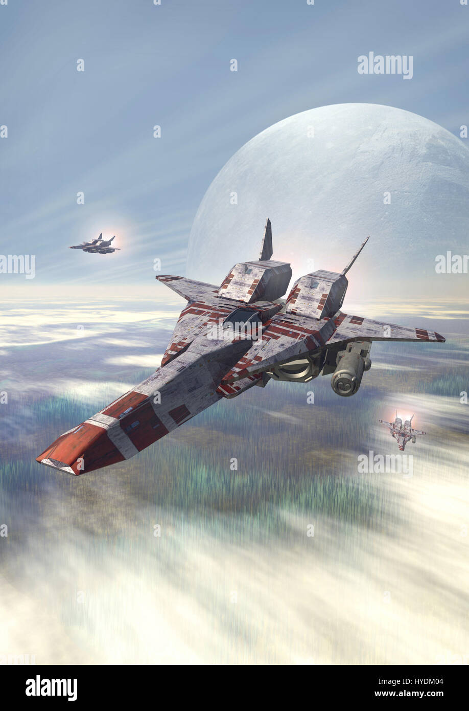 spaceship fighter patrol 3D render science fiction illustration Stock ...