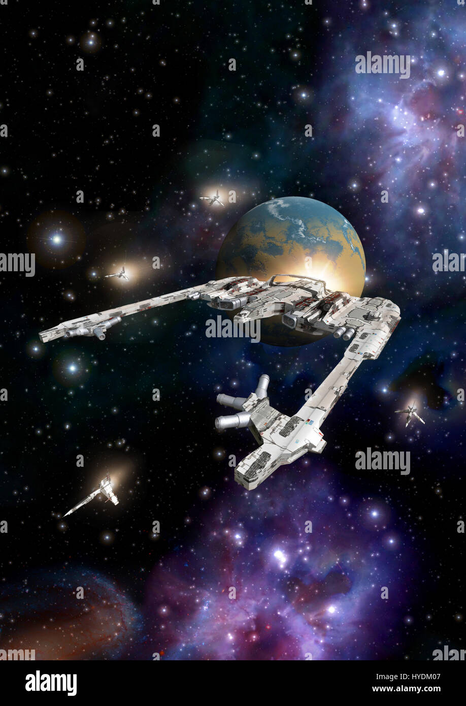 space cruiser with escort fighters 3D render science fiction ...