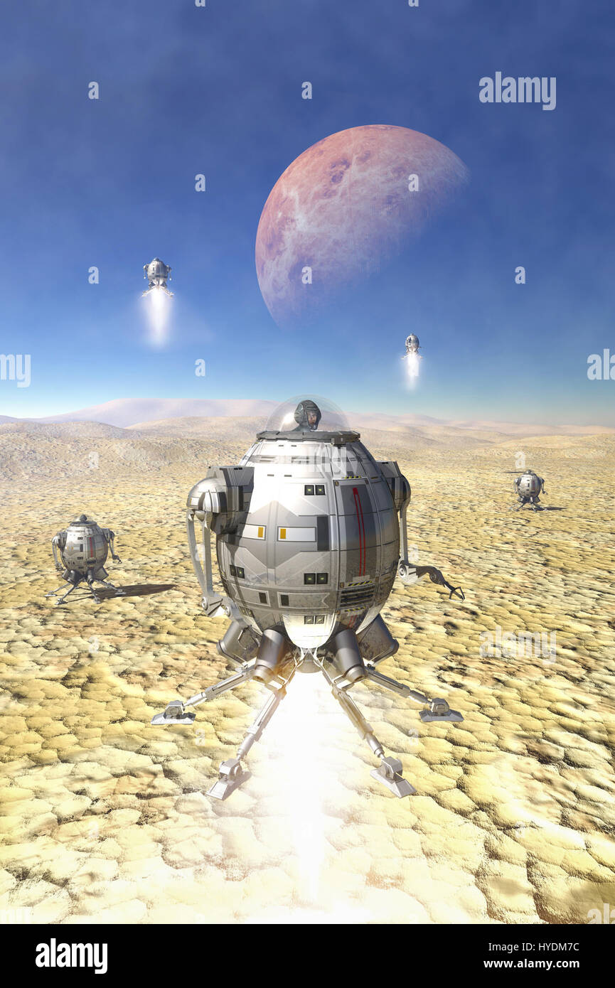 spaceship landing on a desert planet 3D render science fiction illustration Stock Photo