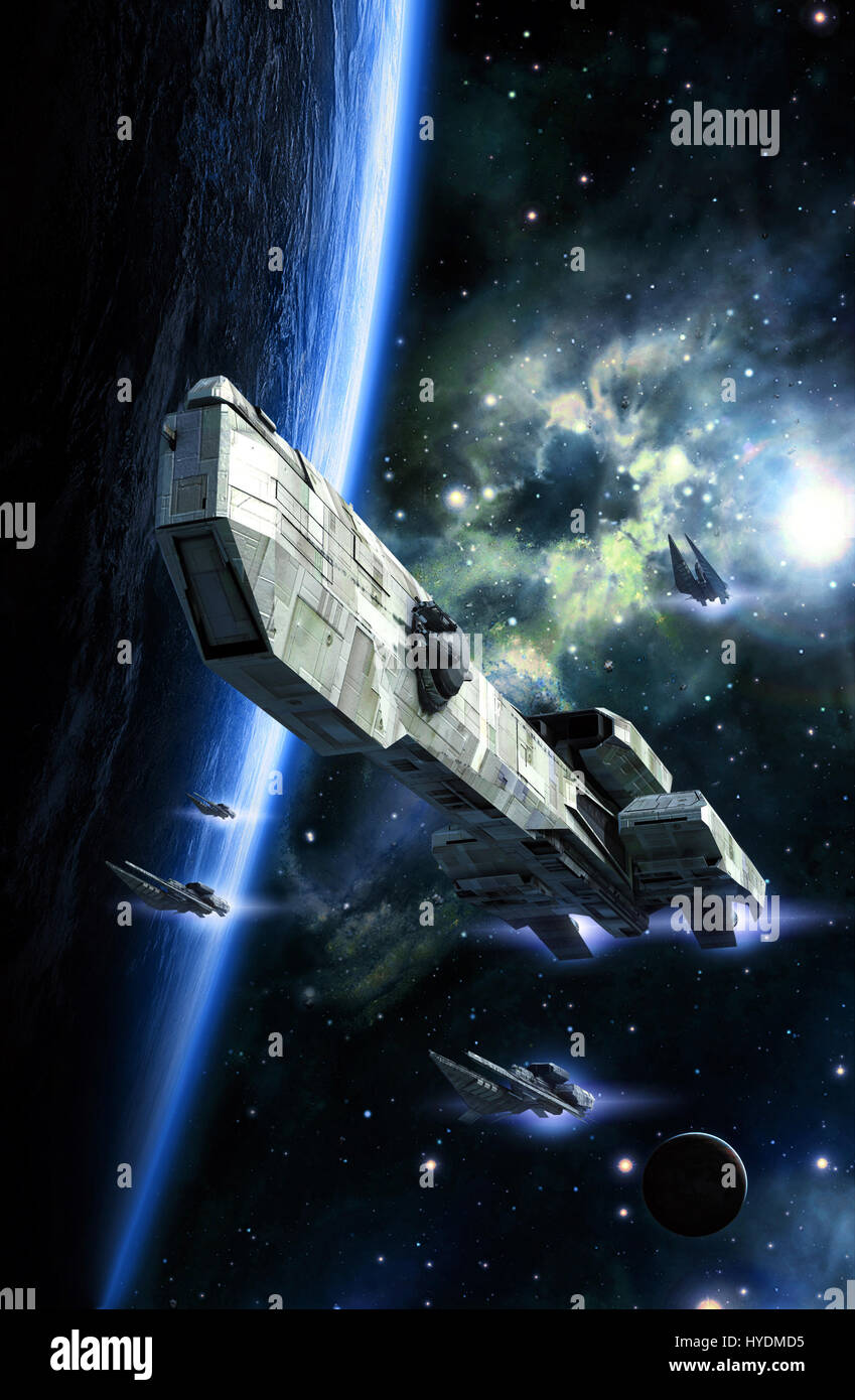 spasceship gunship and fighters 3D render science fiction illustration ...
