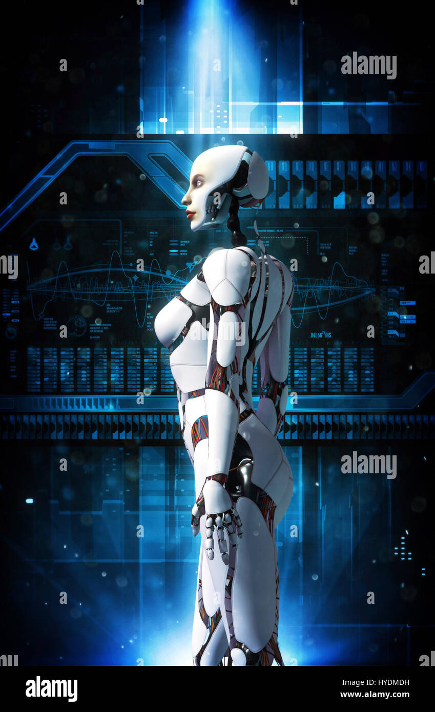 android robot girl 3D render science fiction illustration Stock Photo