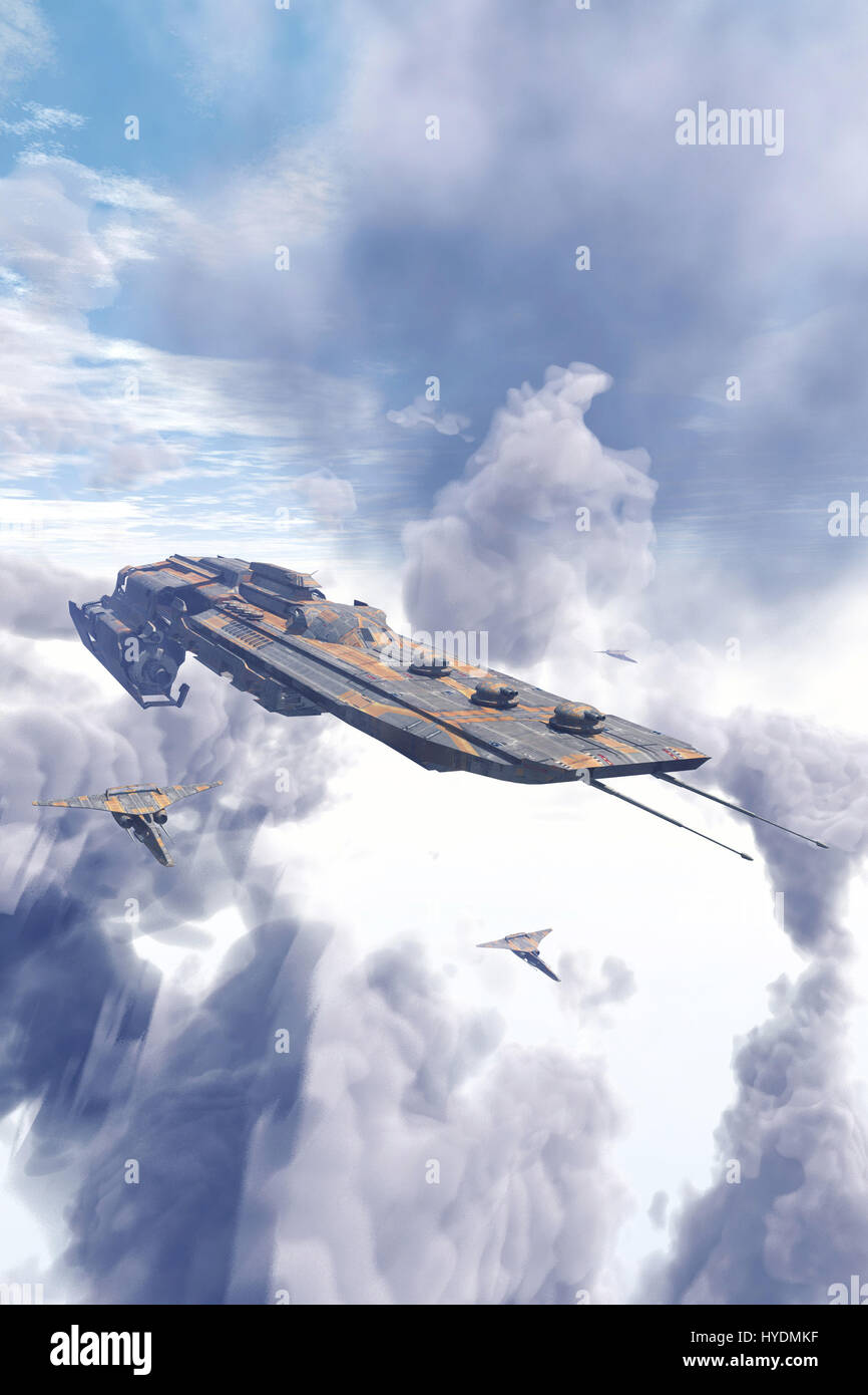 spaceship cruiser and fighters over clouds 3D render science fiction ...